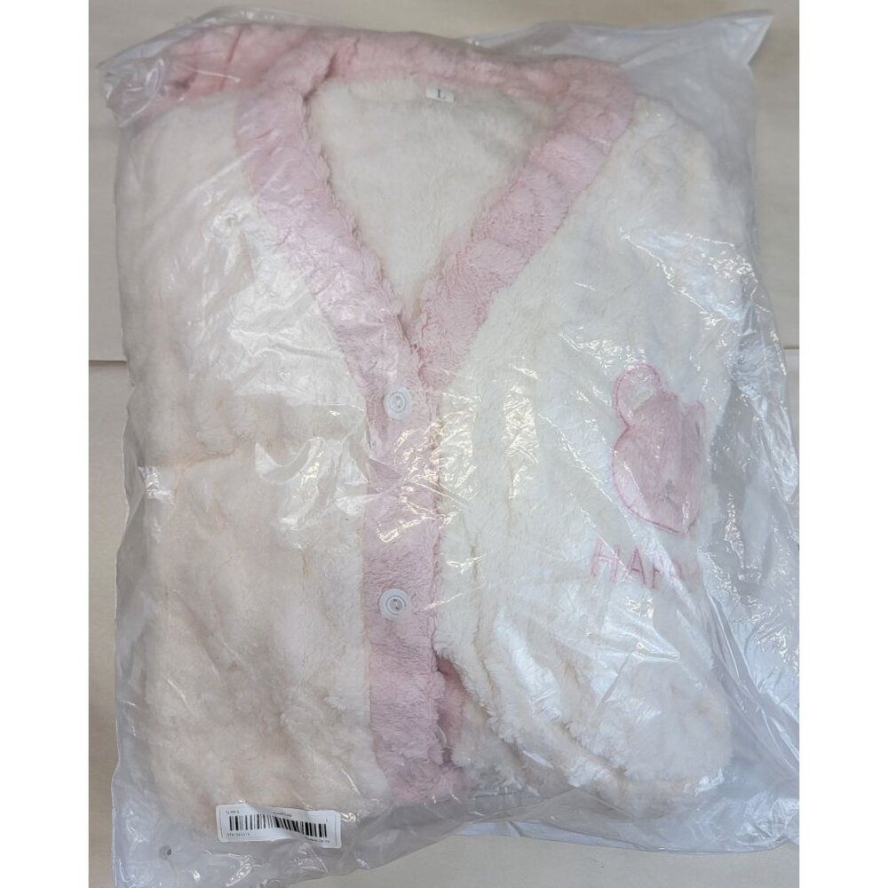 Pajama Lounge Set Soft Pink White Button Top Happy Bear Womens Large New In Bag - Picture 11 of 12